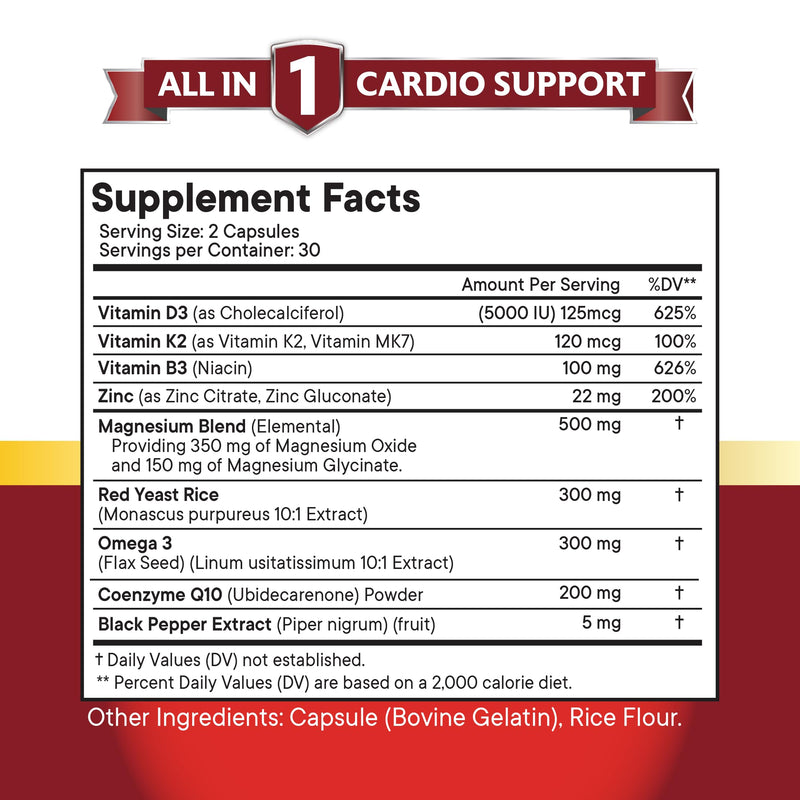 NEW AGE COQ10 200mg Red Yeast Rice, Omega 3, Magnesium Complex, Zinc Vitamin K2 D3 - Heart Health Support Vitamins for Women and Men with Vitamin B3, Coenzyme Q10-60 Count 60 Capsules (Pack of 1)