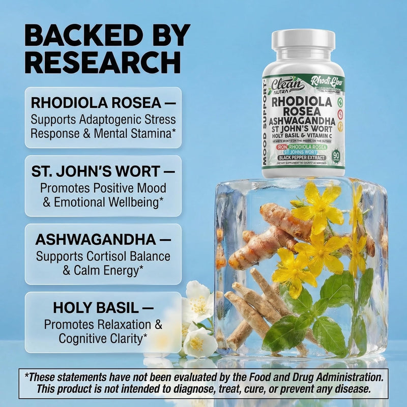 RhodiGlow Rhodiola Rosea Mood Support Supplement + Ashwagandha St Johns Wort Holy Basil Vitamin C Iron Black Pepper By Clean Nutra