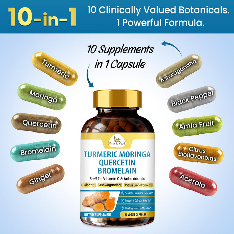Organic Veda Quercetin with Bromelain Supplement Turmeric Moringa Powerful Antioxidants for Immune Support, Natural Respiratory Health - Super Fruits Vitamin C with Citrus Bioflavonoids - 60 Capsules