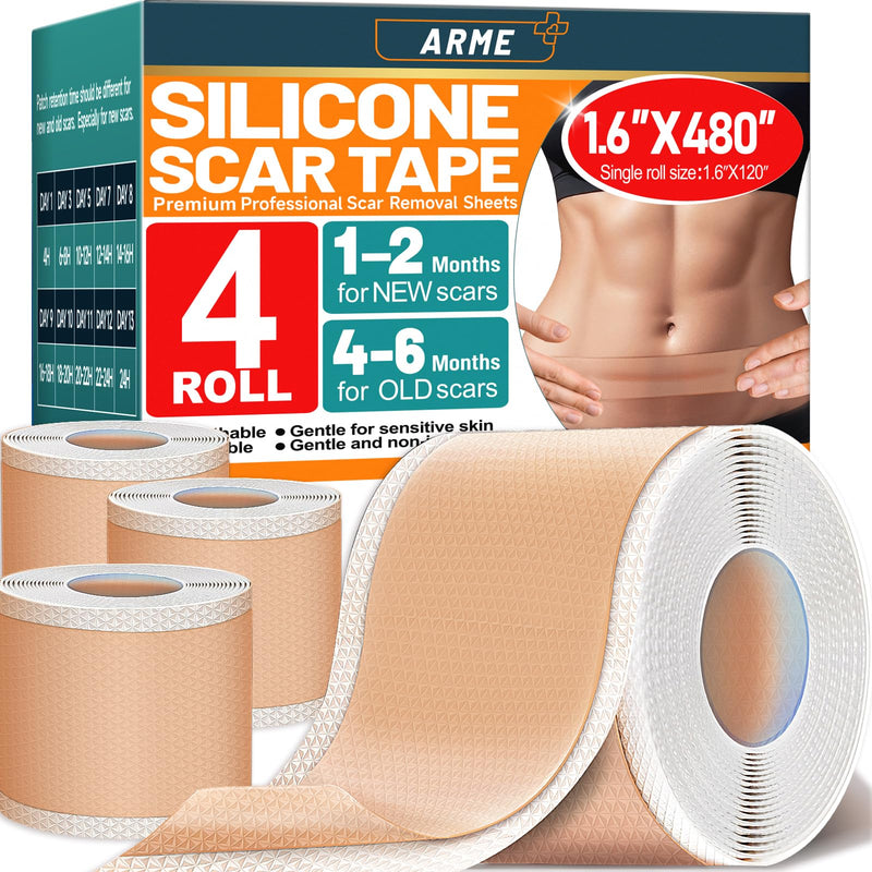 Arme Silicone Scar Tape, 1.6"x480" Silicone Scar Sheets(4 Rolls-12M) Medical Grade Scar Tape for Surgical Scars, Reusable Scar Patches, Professional Scar Removal Strips for C-Section Keloid Tummy Tuck 480" - 12M (4 Rolls)