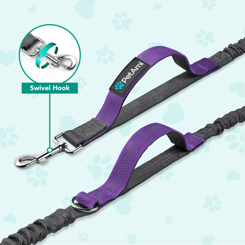 PetAmi Hands-Free Dog Leash for Walking, Running & Hiking, Heavy Duty Bungee Waist Leash with Dual Padded Handles, Adjustable Reflective Belt for Small, Medium & Large Dogs up to 150 lbs, Purple 1 Leashes