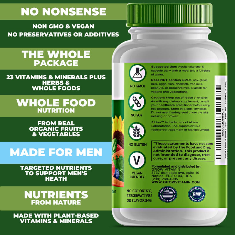 One Daily Multivitamin for Men - 90 Capsules | Vitamins & Minerals, Organic Whole Foods, Boost Energy & General Health, Non-GMO, 3 Month Supply