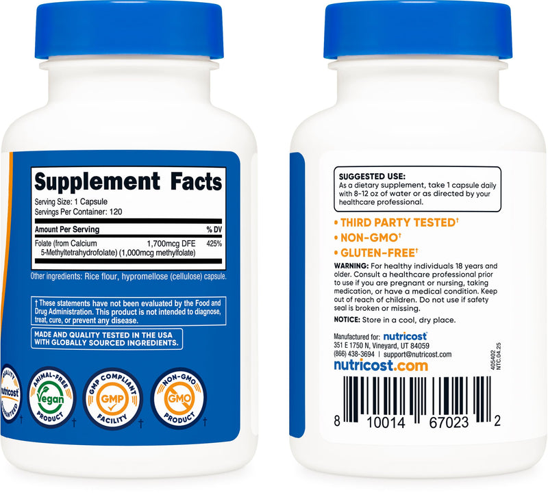 Nutricost Methylfolate 1000mcg, 120 Vegetarian Capsules - Gluten Free, Non-GMO (Pack of 2) 120 Count (Pack of 2)