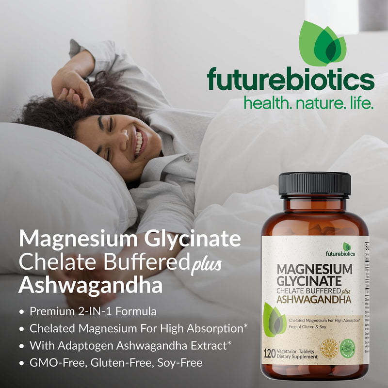 Futurebiotics Magnesium Glycinate + Ashwagandha, 120 Tablets | 2-in-1 Stress & Mood Support, High Absorption, Gentle On The Stomach, Non-GMO, Gluten Free, Soy Free 120 Count (Pack of 1)