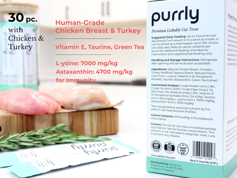 Purrly Interactive Lickable Cat Treats Low Calorie Human-Grade Chicken Breast & Turkey with L-Lysine & Astaxanthin for Immunity (30 Count) Non-Seafood Hydrating BPA-Free for All Ages - BeesActive Australia