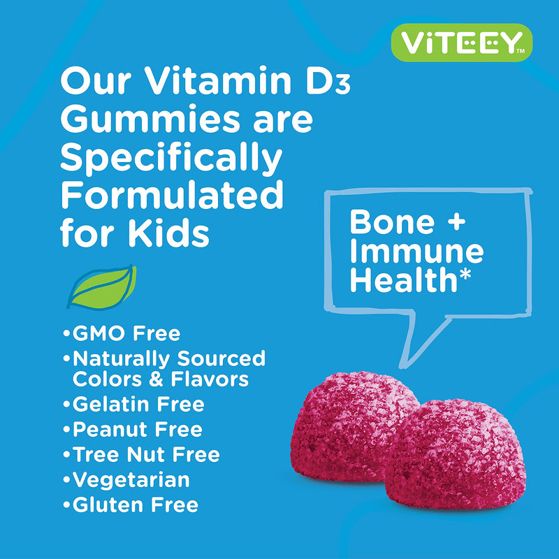 Viteey Vitamin D3 Kids Gummies 25mcg 1000 IU -Tasty Chewable Berry Flavored | Bone Health, Immune Health, Joint Muscle Support - Vegetarian, Gelatin Free, Gluten Free, GMO Free - 120 Count 120 Count (Pack of 1)