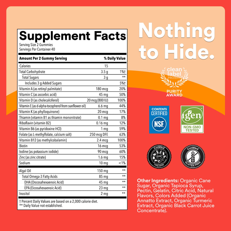 SmartyPants Kids Multivitamin Gummies, Omega 3 (DHA/EPA), Vitamins D3, C, B12, B6, Vitamin A, K & Zinc, Gluten Free, Three Fruit Flavors, 80 Count (40 Day Supply) 80 Count (Pack of 1) Three Fruit - 40 Day Supply