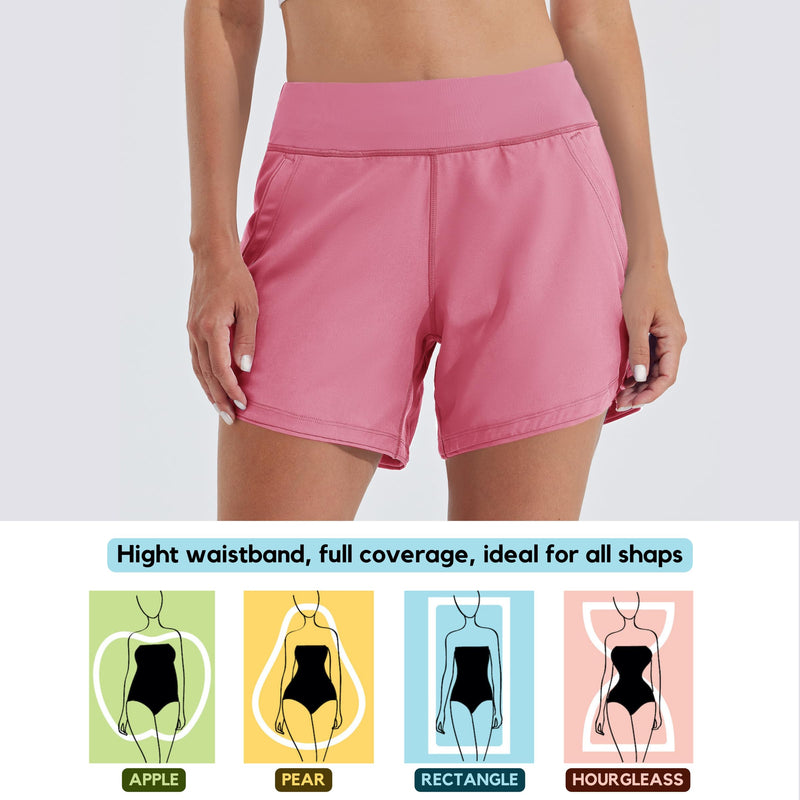 Willit Women's 5" Swim Board Shorts Quick Dry Beach Swimming Shorts UPF 50+ High Waisted Liner Pockets 5" INSEAM 4 Peach