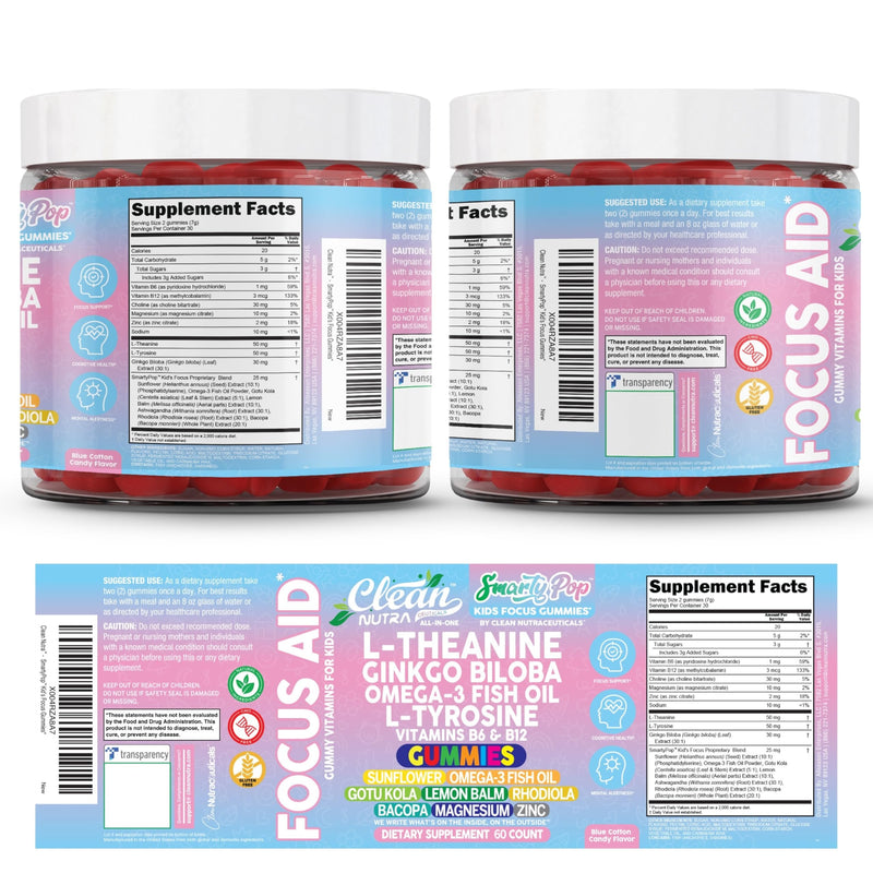 Clean Nutra Kids Focus Gummies with L-Theanine, Ginkgo Biloba, Omega-3 Fish Oil, L-Tyrosine, Vitamin B6, B12-60 Count, Clean Label, Non-GMO, Vegan-Friendly SmartyPop Formula for Kids Support