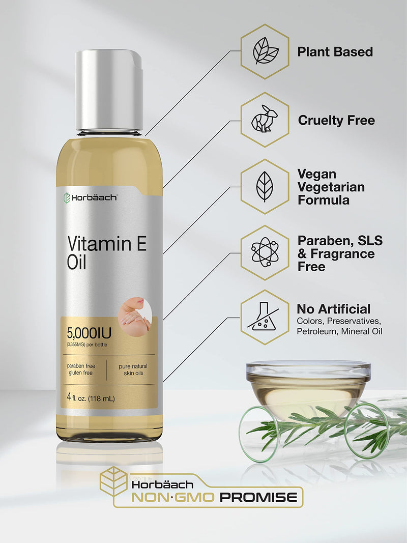 Horbäach Vitamin E Oil | 5000 IU | 8 oz (2 x 4oz) Value Pack | for Skin, Hair, Face & Body | Vegetarian, Non-GMO, and Gluten Free Formula 4 Fl Oz (Pack of 2)