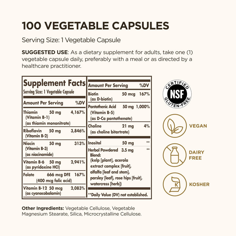 Solgar B-Complex 50", 100 Vegetable Capsules - Energy Metabolism | Cardiovascular Support, Nervous System Support - Non-GMO, Vegan, Gluten Free, Dairy Free, Kosher - 100 Servings 100 Count (Pack of 1)