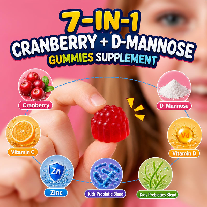 Cranberry & D-Mannose Gummies for Kids 4+, D Mannose with Cranberry Supplement for Urinary Tract Health & Immune Health, with Vitamin C, D3, Zinc, Probiotic & Prebiotic Blend, Sugar-Free, Vegan, 60 Ct