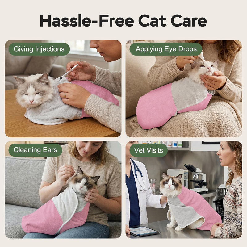 Cat Wrap for Cutting Nails, Self-Adhesive Cat Nail Clipping Restraint Bag, Anti-Scratch Cat Grooming Wrap Swaddle for Meds, SubQ Fluids, Ear Cleaning, Teeth Brushing & Vet Visits,Pink,L L(15-28lbs) Pink