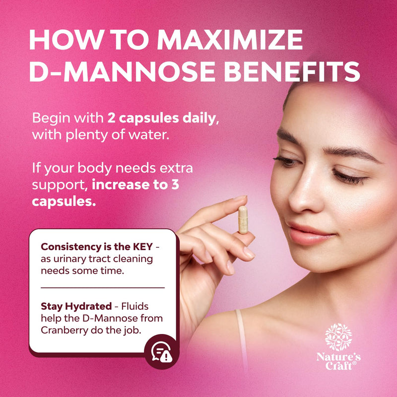 D Mannose with Cranberry Supplement - D Mannose 1000mg per Serving Capsules for Kidney Defense Support & Cleanse and Urinary Tract Health for Women & Men - Adults Bladder Health Supplement - 60 Count 60 Count (Pack of 1)