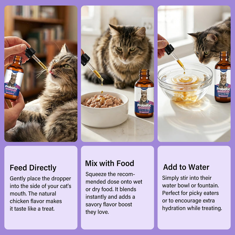 Liquid Probiotics for Cats with Prebiotics & Collagen, Digestive Health Supplement for Constipation, Diarrhea Relief & Immune Support, Skin and Coat Stool Softener, Chicken Flavor, 2 fl oz