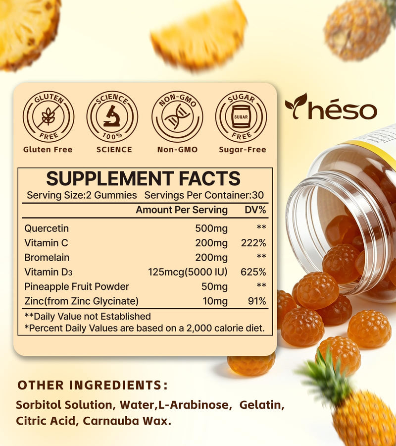 Quercetin Gummies 500mg with Bromelain, Vitamin C, D3 & Zinc – Sugar Free Immune Support Supplement – Antioxidant Complex with Pineapple Enzyme, 60 Gummies (30 Servings) 60 Count (Pack of 1)