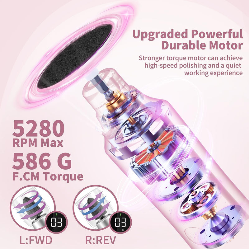Electric Nail Drill Kit, Cordless Manicure Pedicure Kit with Memory Modes, 15 Speed Portable Nail Drill Machine, Callus Remover with 25Pcs Sandpaper Discs,Hand Foot Care Tool for Thick Nail Toenail White+pouch