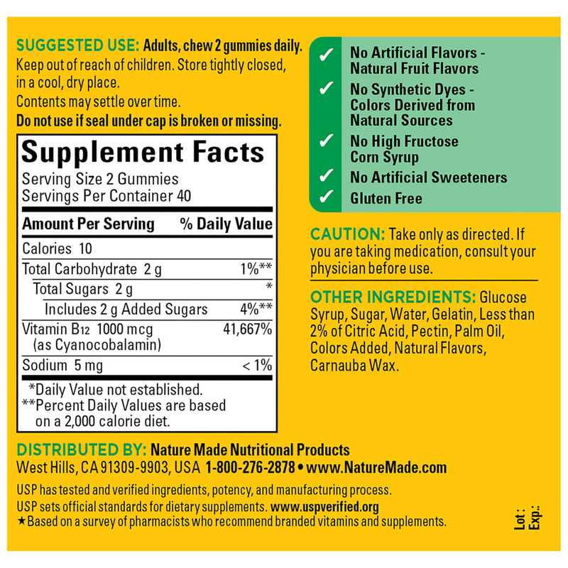 Nature Made Vitamin B12 Gummies 1000 mcg per Serving, 80 Gummy Vitamins | B12 Vitamins, Dietary Supplement for Energy Metabolism Support, B12 Helps Support Brain Cell Function, 40 Day Supply Cherry & Mixed Berry 80 Count (Pack of 1)