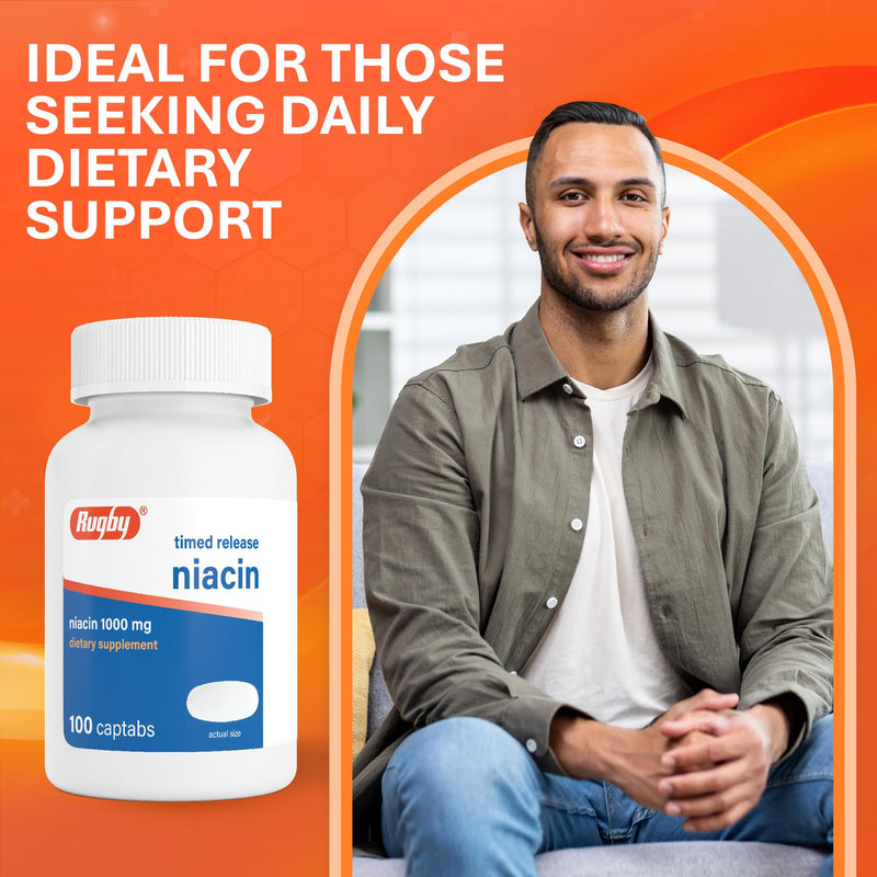 Rugby Timed-Release Niacin 1000mg Captabs for Adults, 100 Count (1-Pack) | Dietary Supplement for Energy, Circulation and Metabolism Support, Controlled Release to Help Minimize Flushing 100 Count (Pack of 1)