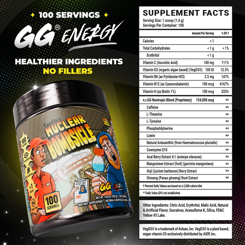 Gamer Supps GG Energy - CaseOh's Nuclear Bombsicle by CaseOh (100 Servings) - Keto Friendly Gaming Energy and Nootropic Blend, Sugar Free + Caffeine + Vitamins + Immune Support, Powder Drink