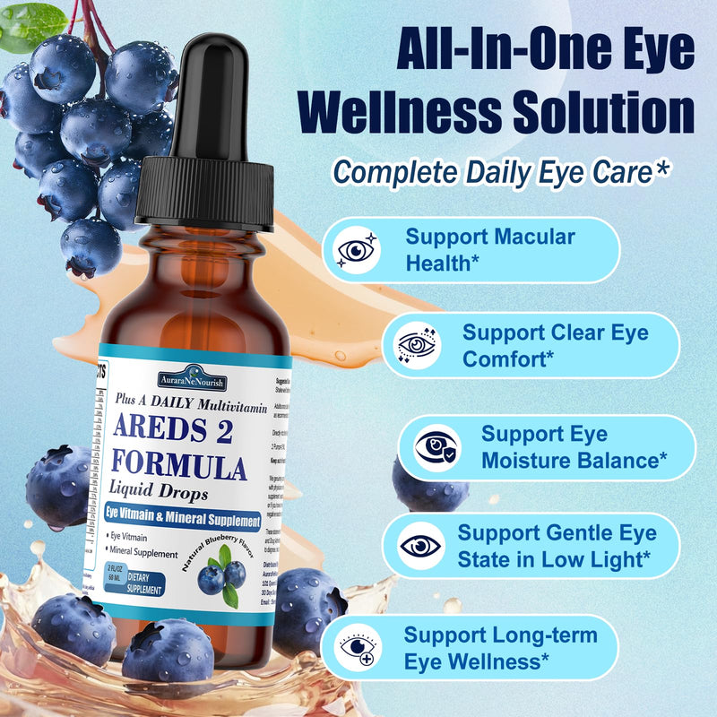 AREDS 2 + Formula Liquid Drops for Macular Health, 22-in-1 Eye Vitamin & Mineral Supplement w. Lutein and Zeaxanthin, Copper, Zinc, Vitamin C, E | Support Vision, Immune & Vitality | Vegan, Non-GMO Blueberry 2 Fl Oz (Pack of 1)