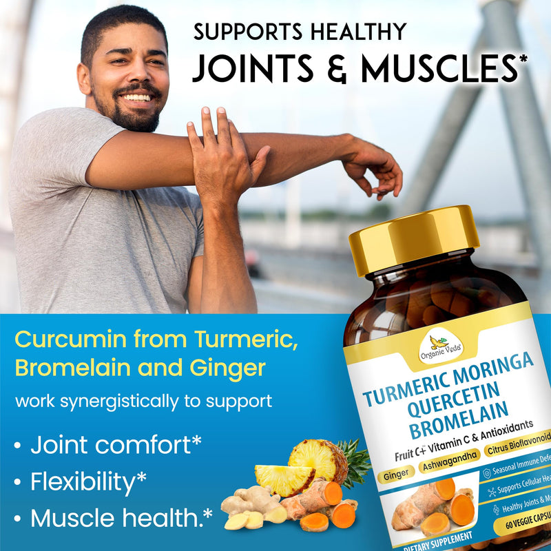 Organic Veda Quercetin with Bromelain Supplement Turmeric Moringa Powerful Antioxidants for Immune Support, Natural Respiratory Health - Super Fruits Vitamin C with Citrus Bioflavonoids - 60 Capsules