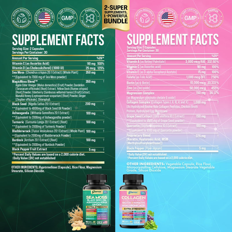 Sea Moss & Collagen Support Bundle, Black Seed Oil, Radiant Wellness Set | Black Seed Oil, Ashwagandha, Ginger, Collagen I-X, Biotin, Keratin, Burdock, Turmeric, Vitamin D3, Magnesium 150 Count (Pack of 2)