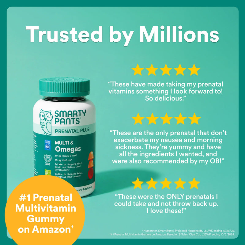 SmartyPants Prenatal Multivitamin Gummies with Omega 3 DHA/EPA, Methylfolate, Biotin, Vitamins D3, C, B12, B6, A, K, and Zinc, Gluten Free, Clean Label, Two Fruit Flavors, 90 Gummies (30 Day Supply) 30 servings, 90 Count Multi + Omega - 30 Day Supply