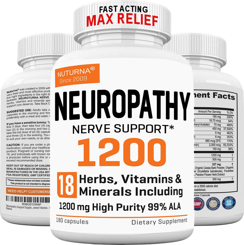 Neuropathy Support Supplement with 1200 mg HP-99 Alpha Lipoic Acid - Max Strength ALA Nerve Formula for Feet Hands Fingers Legs - Ultra Potent 18 in 1 Natural Nerve Vitamins - 180 Capsules 180 Count (Pack of 1) - BeesActive Australia