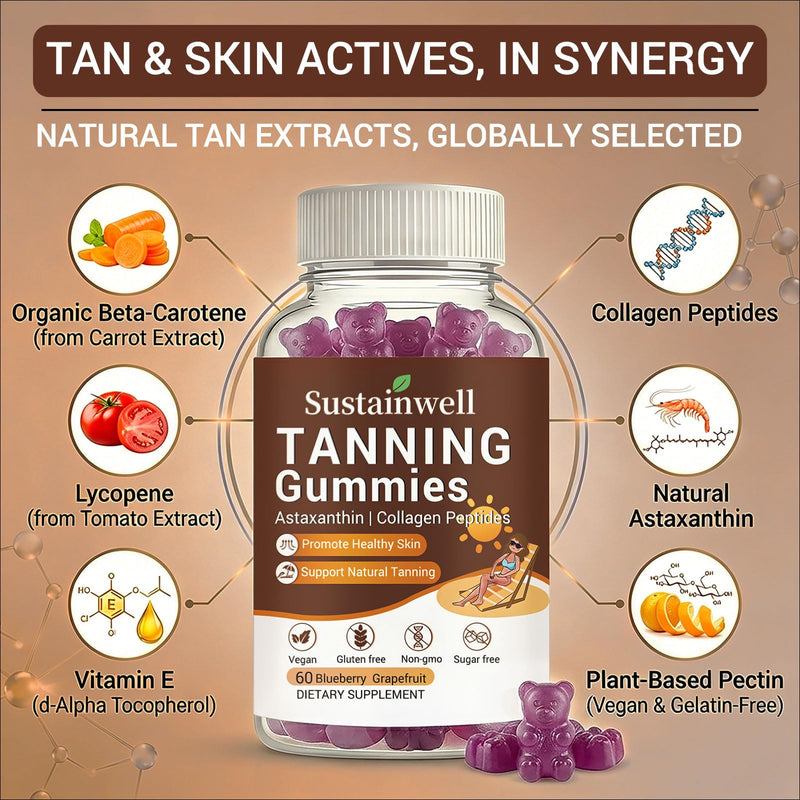 Tanning Gummies with Astaxanthin & Collagen for Women and Men Natural Sun-Kissed Tanning Supplement with Beta Carotene, Lycopene & Vitamins Skin Radiance & Hydration Vegan & Sugar Free 60 Count