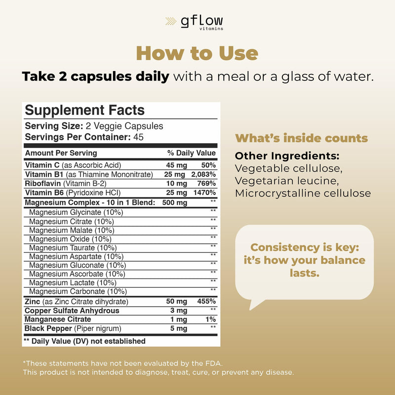 gflow vitamins Magnesium Complex Supplement - 10 Active Forms, Glycinate, Citrate, Malate, Oxide, Taurate, Aspartate, Gluconate, Ascorbate, Lactate, Carbonate, Plus More with Vitamin C B1 B2 B6 B12