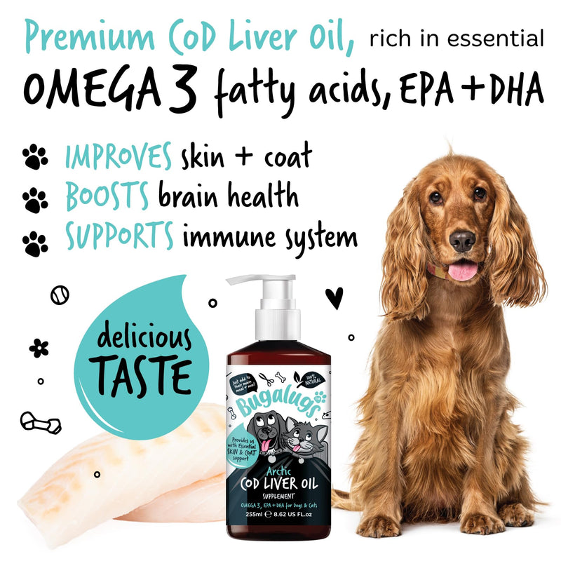 Bugalugs Cod liver Oil for Dogs & Cats, EPA & DHA, Fish Oil for Dogs Skin & Coat dog supplements health supplies for dogs more omega 3 for dogs than salmon oil for dogs uk (255ml, Cod Liver Oil)