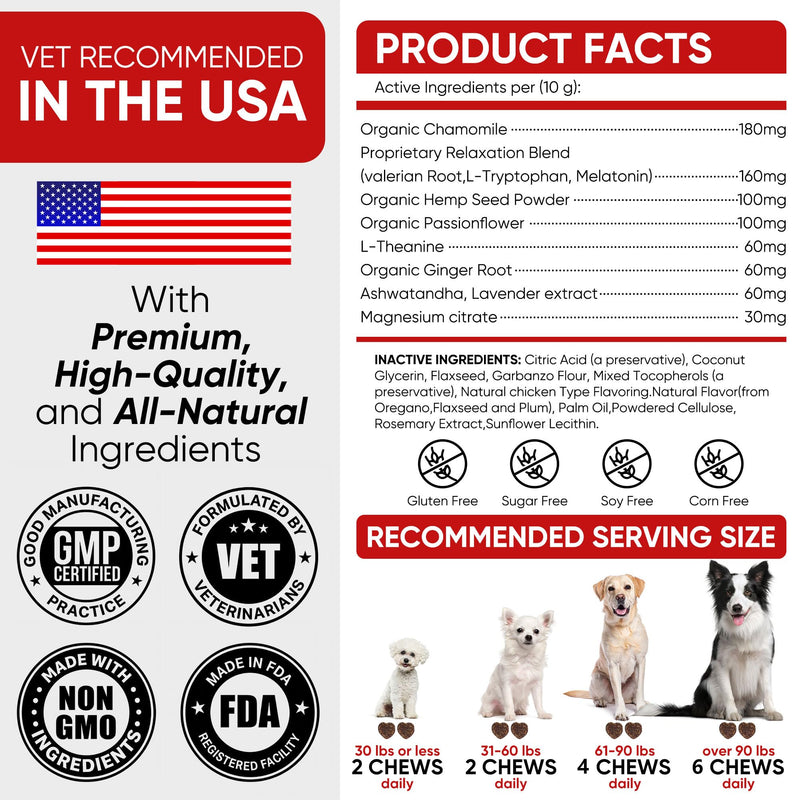 Calming Chews for Dogs – Fast-Acting Anxiety Relief for Thunder, Fireworks & Separation – Long-Lasting Up to 18 Hrs – Melatonin, Chamomile & Valerian – Tasty Soft Chews for All Breeds（180 Ct） Red