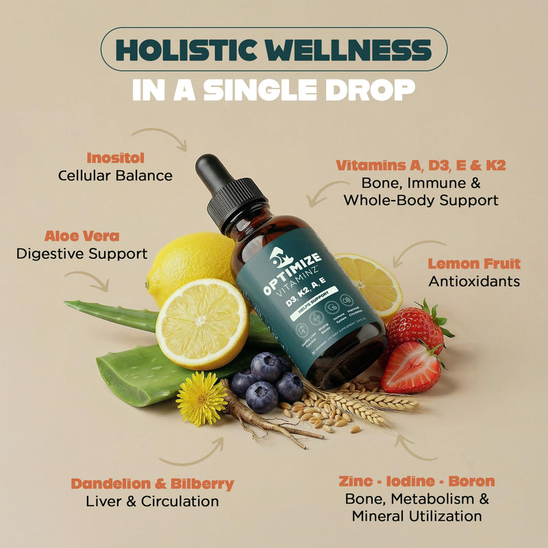 Optimize Vitaminz Liquid Vitamin D3 K2 Drops with Dandelion Root & Bilberry | Immune, Liver & Bone Support, MK-7 Formula, Fast Absorption Liquid Multivitamin, 30 Day Supply, 2 Fl Oz