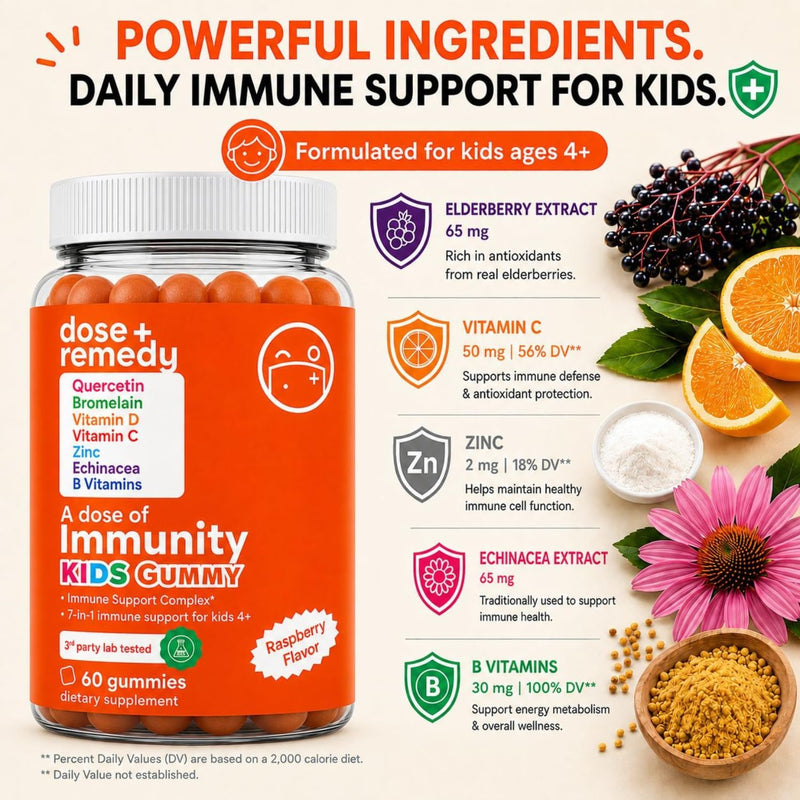 A Dose of Immunity Kids Immune Support Gummies, Quercetin & Zinc 120 Count | 7-in-1 Immune Support for Kids 4+: Quercetin, Bromelain, Vitamin C, D3, Zinc, Echinacea & B Vitamins Vegan Raspberry Gummy 2 Pack Kids (120 Count)