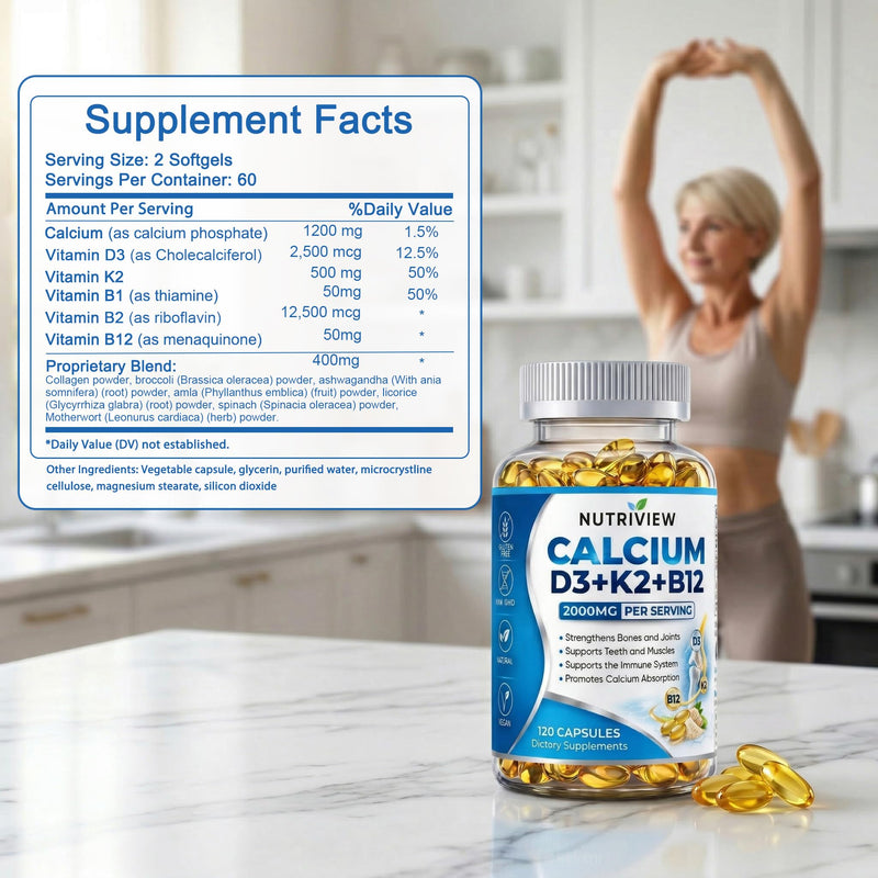 Nutriview Calcium D3 + K2 + B12 Softgels, 2000mg Suplemento De Calcio, Glucosamina + Condroitin Added, Strengthen Bones and Teeth, Boost Energy, Vegen, Non-GMO, 120 Capsules (1) 1