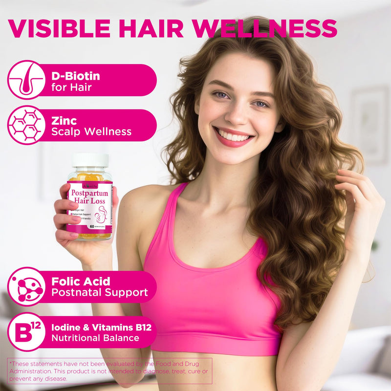 Aromlife Postpartum Hair Loss Gummies for Women Stronger Hair, Postpartum Hair Gummies with Biotin, Folate, Zine, Vitamin E, B6 & B12, 60 Count Vegan Breastfeeding-Friendly Postnatal Vitamins Gummy