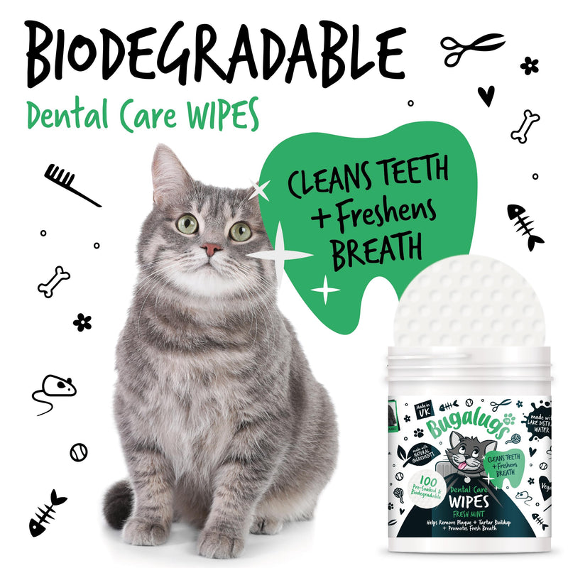 BUGALUGS Cat Breath Freshener Cat Teeth Wipes - Cat Plaque Remover Cat Wipes & tartar remover for teeth. Cat Teeth Cleaning Product No Cat Toothbrush And Paste Brushing Needed (Cat 100 Wipes)