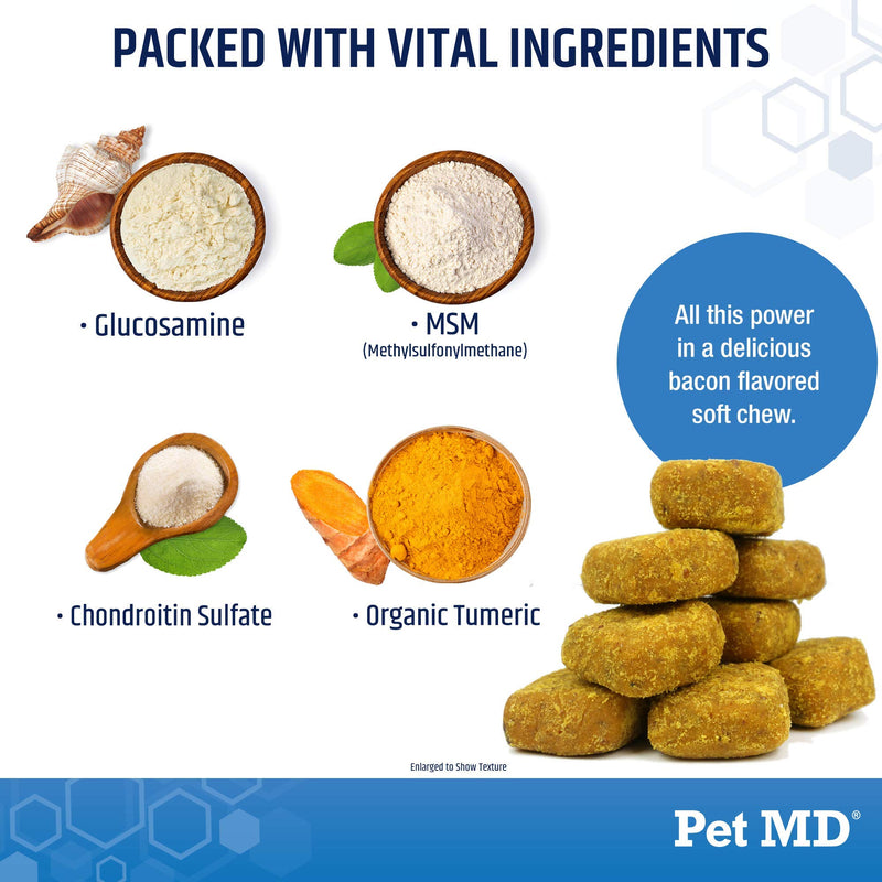 Pet MD Glucosamine for Dogs | Dog Joint Supplement with Glucosamine, Chondroitin & MSM - Inflammatory Pain Relief Chews for Hip & Joints - Bacon Flavored - Includes Yucca & Turmeric - 120 Ct - PawsPlanet Australia