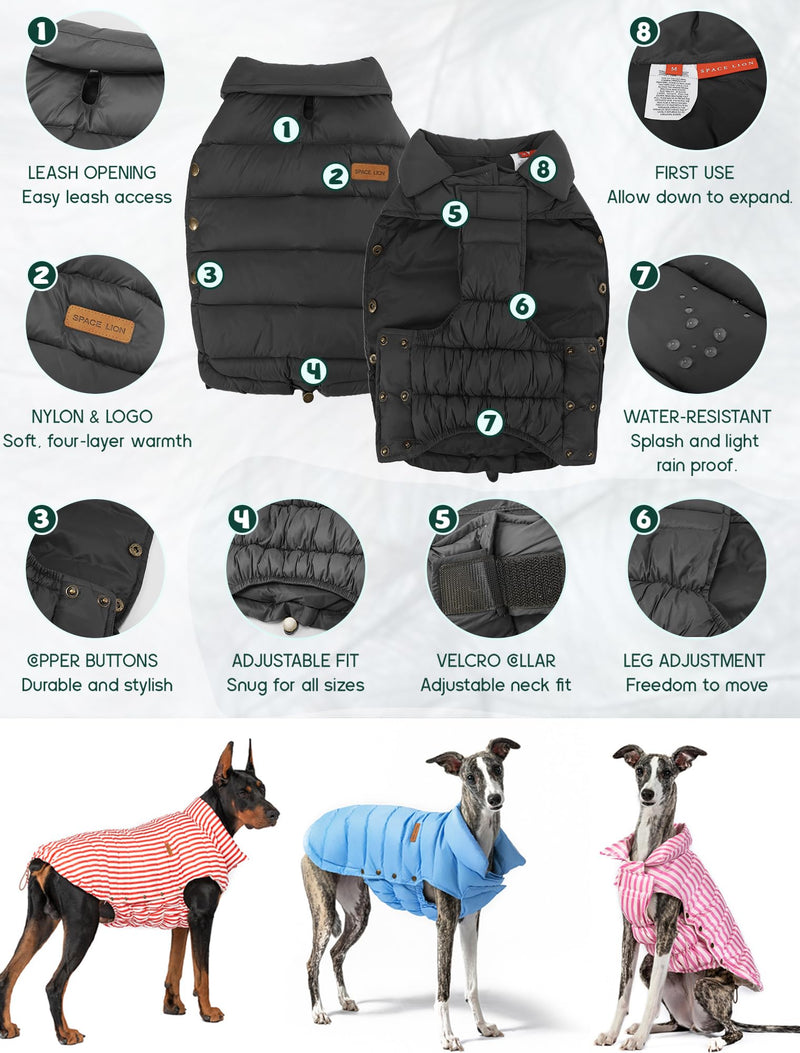 SPACE LION Dog Puffer Jacket, Down Dog Winter Coat, Waterproof, Windproof, Lightweight Dog Jacket, Adjustable Fit Dog Coat for Small, Medium, and Large Dogs(Black,M) Black - BeesActive Australia