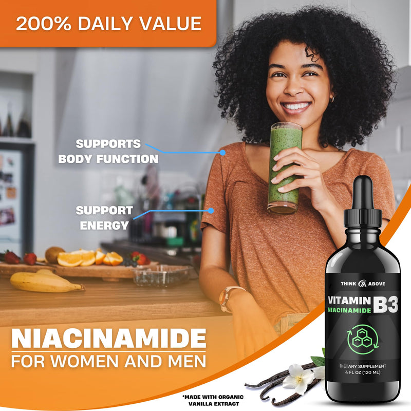 Think Above Vitamin B3 Niacinamide Liquid - Non Flush Form of B3 Niacin - Convenient Vitamin B3 Niacinamide Drops for Women and Men - Easy to Swallow 2oz (60ml) 2 Fl Oz (Pack of 1)