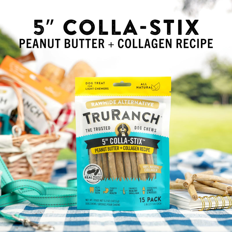 TRURANCH Collagen Sticks - 5" Collagen Sticks for Dogs - Long Lasting Healthy Joint Support - Rawhide Alternative - Skin & Coat Health - Made with Real Peanut Butter, Value Pack, 3 Bags, 45 Count Peanut Butter - 3 Pack (45 Count)