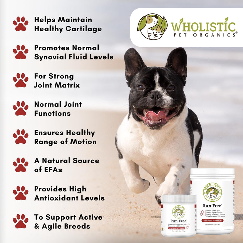 Wholistic Pet Organics Run Free - 4 Oz - Dog Joint Supplement for Senior Dogs, Glucosamine Chondroitin MSM, Dog Vitamins, Cat Joint Pain Relief - PawsPlanet Australia