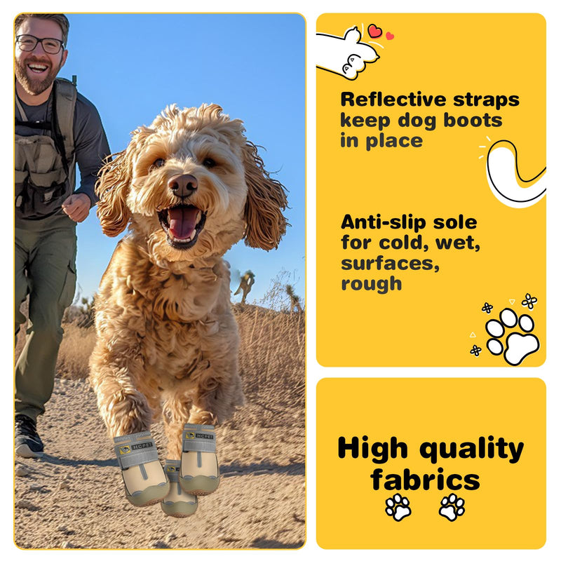 Hcpet Dog Shoes for Large Dogs, Waterproof Dog Booties for Small Medium Dogs, Anti-Slip Dog Boots & Paw Protectors for Hot Pavement Winter Snow Hiking with Reflective Straps Khaki Size 6 #6 (Width 2.36 inch) for 52-68 lbs - BeesActive Australia