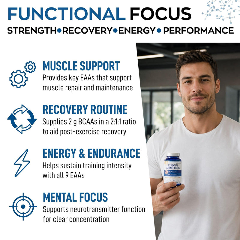 Essential Amino Acids Supplement for Men & Women - All 9 BCAAs EAA Supplements Formula - Leucine Amino Acid, Lysine, Tryptophan, Advanced Amino Energy & Muscle Recovery - 240 Vegan BCAA Capsules Amino (2x120 units)