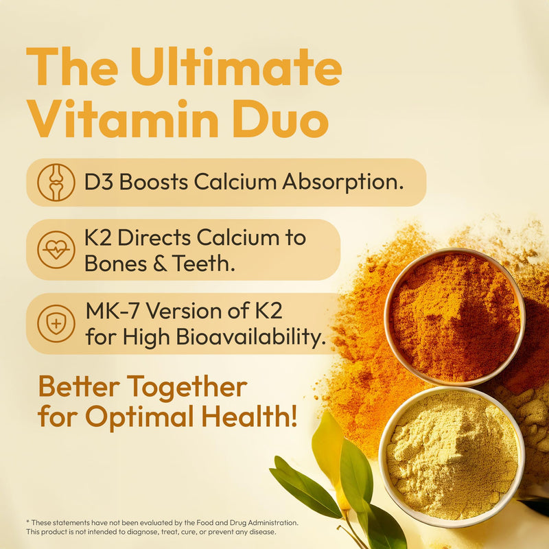 Vitamin D3 K2 5000 IU with MK7 (180 mcg) | Natural Supplement for Bone Strength, Heart Health, and Immune Support | Vegan Capsules | 60 Servings