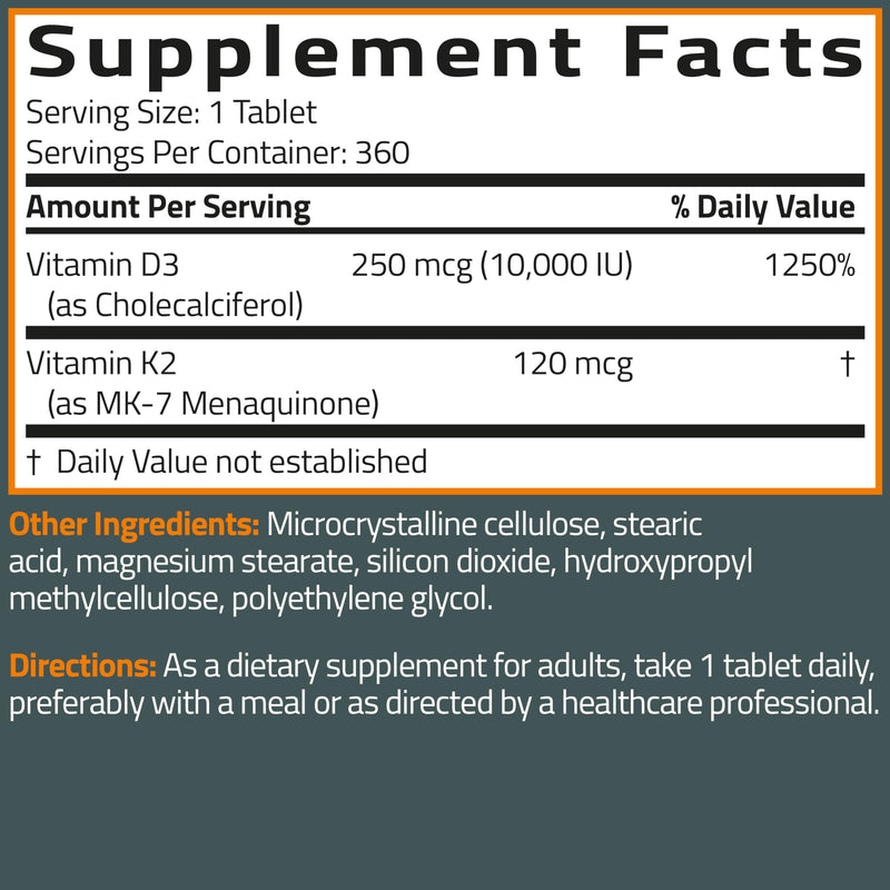 Bronson Vitamin K2 MK-7 + D3 10,000 IU Extra Strength, 360 Tablets | 120 mcg Vitamin K2 as MK-7 per Tablet, Bone Health Support, Non-GMO, Gluten-Free & Soy-Free 360 Count (Pack of 1)