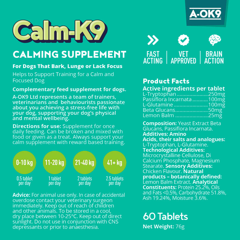 Calming Tablets for Dogs - 60 Tabs, Aids Anxiety Relief, Fireworks, Stress & Barking - Tasty Treats Calming Supplement for Dogs - Natural Ingredients that Improves Behaviour - All Ages & Breeds Tablet Adult 60 Tab