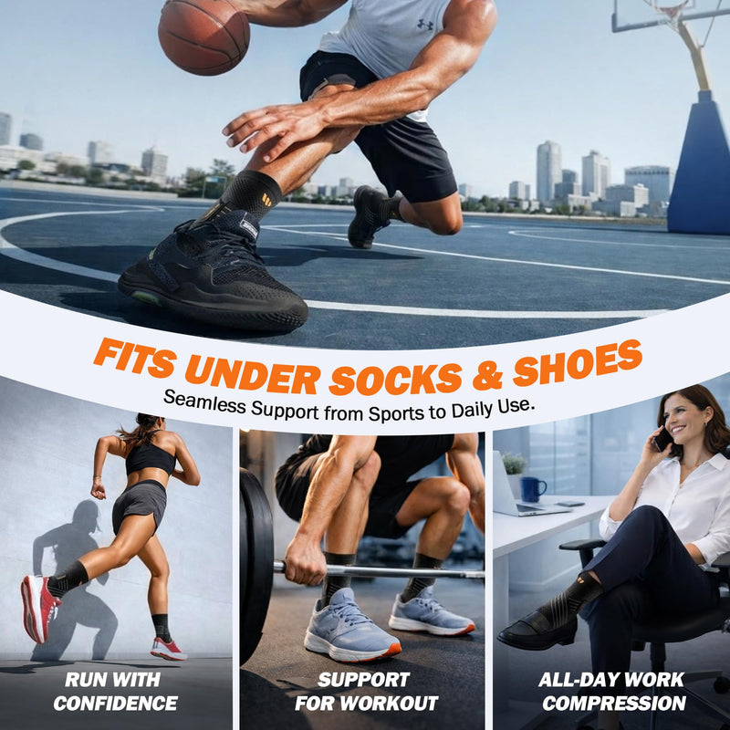 Low-Profile Ankle Braces for Women & Men, Customizable Ankle Compression Sleeve w/Wide Strap, Foot Support Wrap for Plantar Fasciitis Pain Relief, Achilles Tendonitis, Sprain, Black, 1 Pair, L Black/Orange Large - BeesActive Australia