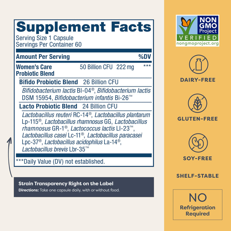 Renew Life Women's Care Probiotic 50 Billion CFU | 60 Vegetarian Capsules | Supports Vaginal pH, Urinary, Digestive & Immune Health | Dairy, Soy and Gluten Free 60 Count (Pack of 1) Nutritional Supplement